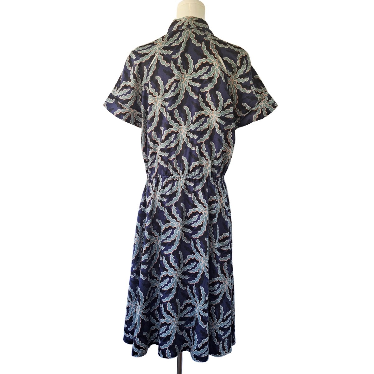 BROOKS BROTHERS Cotton Sateen Midi Shirt Dress Size 12 Blue Black Short Sleeve
