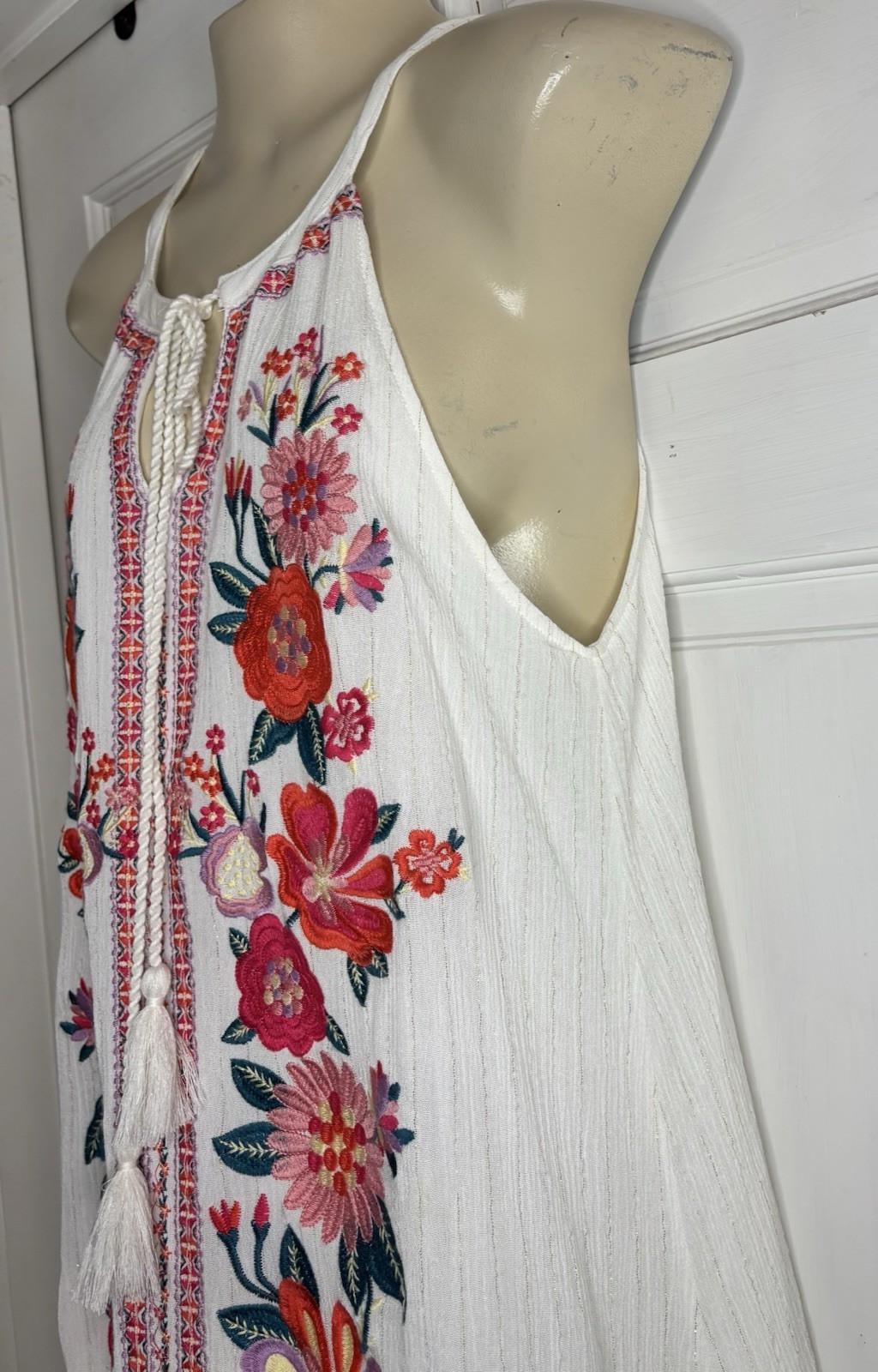 Savanna Jane Women Large White Shift Dress Floral Embroidered Halter Tassel Boho