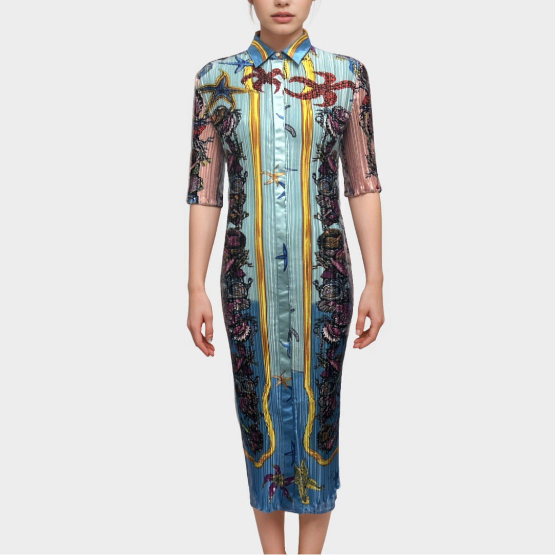Versace Pleated Blue Starfish-Print Shirt Maxi Dress, Size UK10