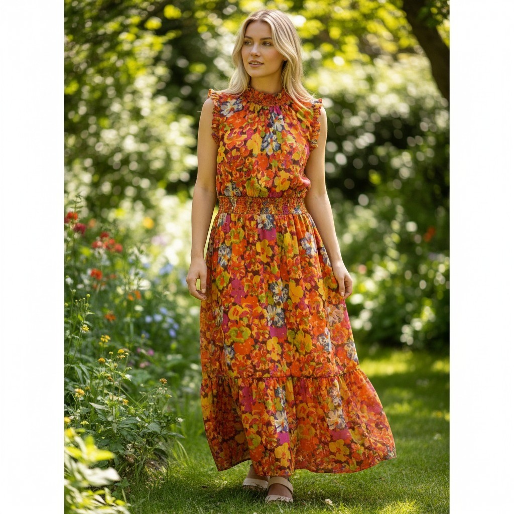 J.Crew Maxi Dress Womens XLT Orange Floral Smocked High Neck Tall Boho Summer