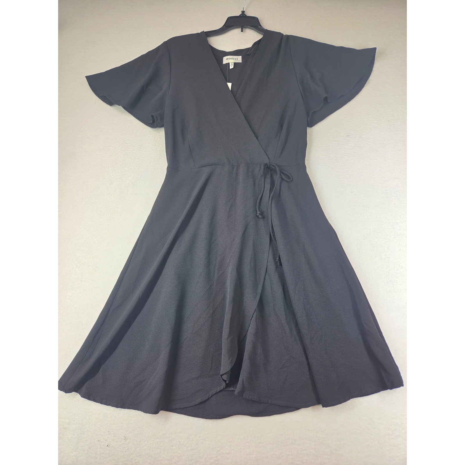 Monteau Los Angeles Black Wrap Dress Flutter Sleeve V-Neck A-Line Large NWT