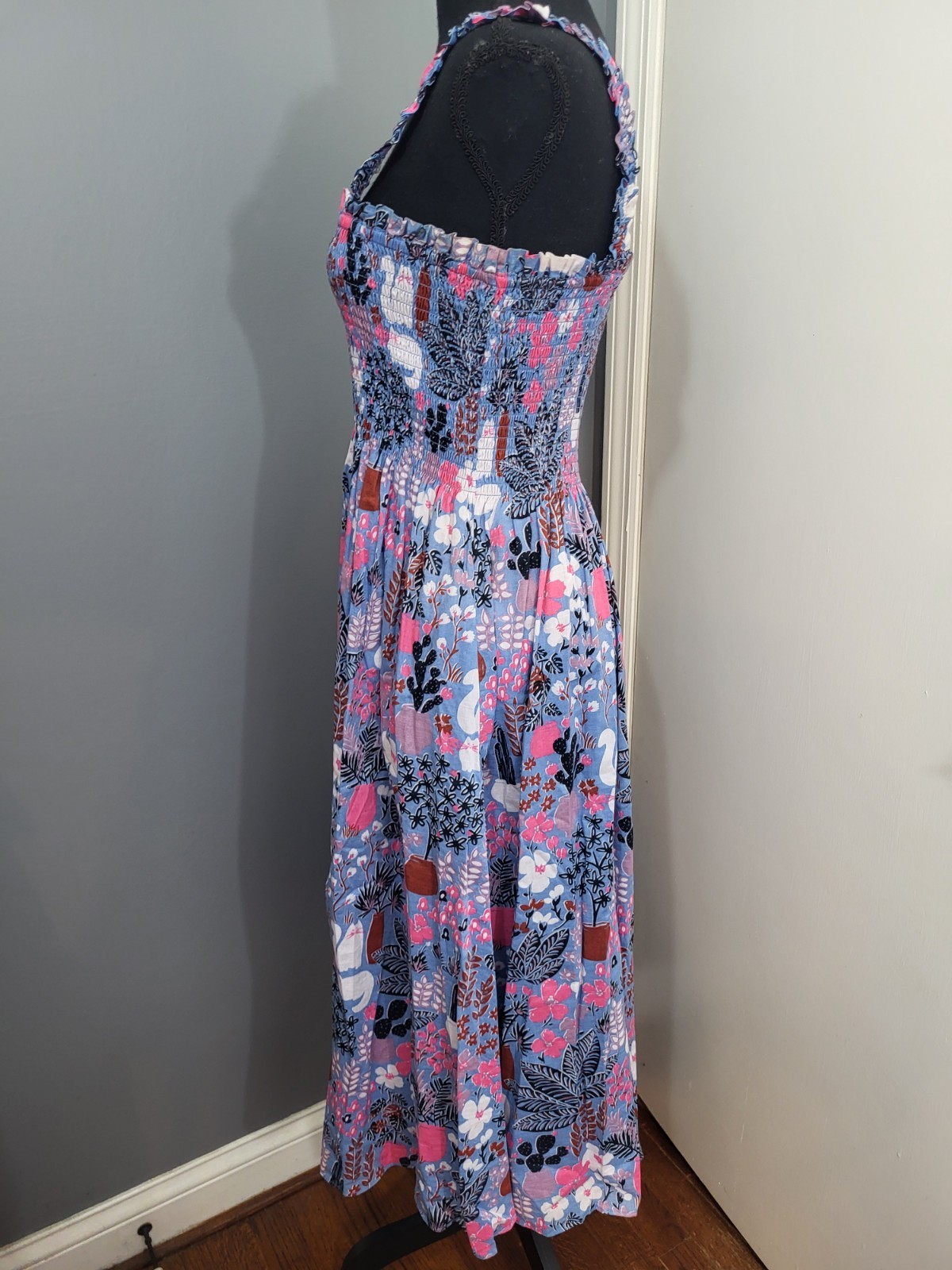 Kate Spade Garden Posy Smocked Midi Dress Blue Pink Cat Feline Women’s Size S