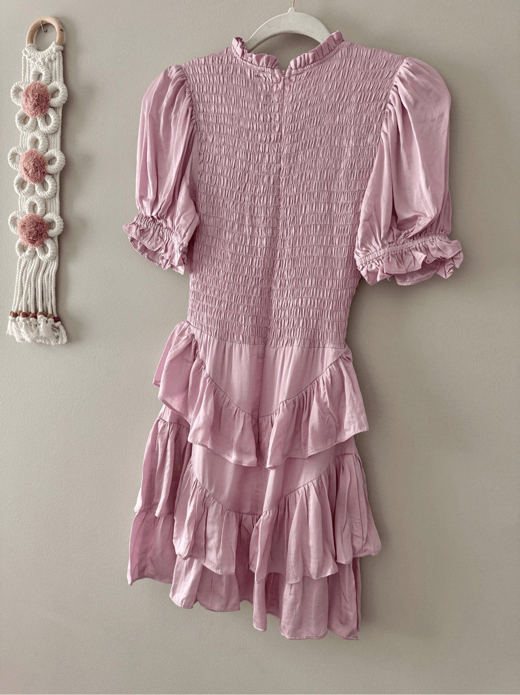 Olivaceous Smocked Tiered Ruffle Mini Dress Satin Pink Size Small NEW