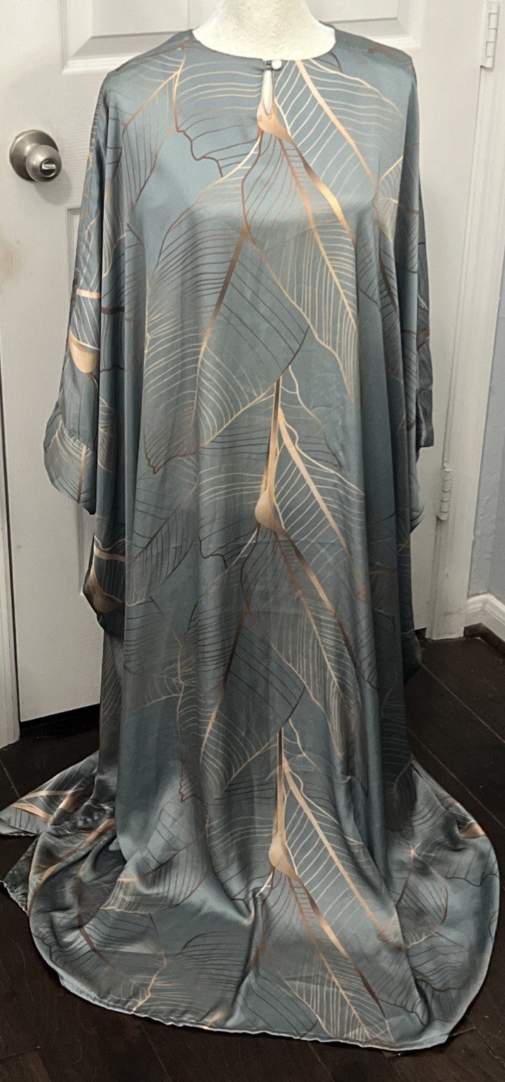 Sheikha, Egypt, Delicate Flowing Sage Green With Gold Leaf Pattern Long Gown