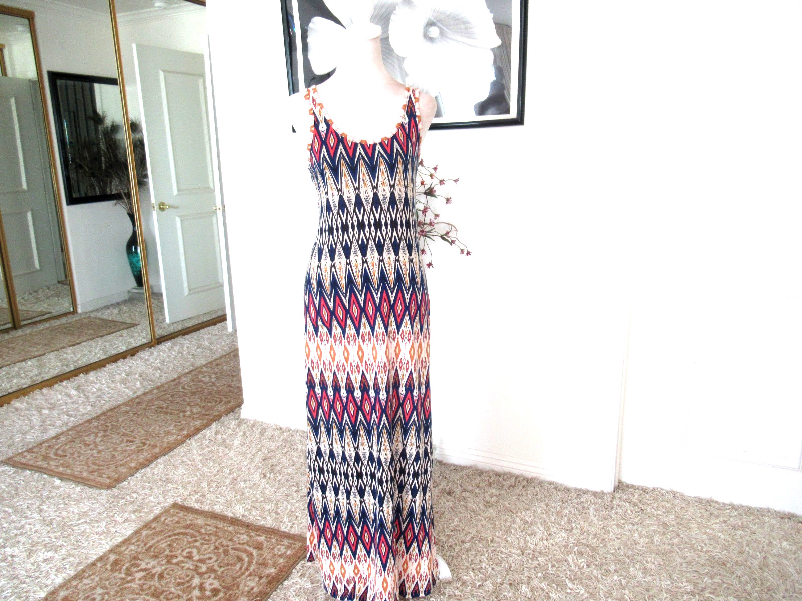 AMBIANCE APPAREL Womens S Geometric Racerback Maxi Dress NEW $69
