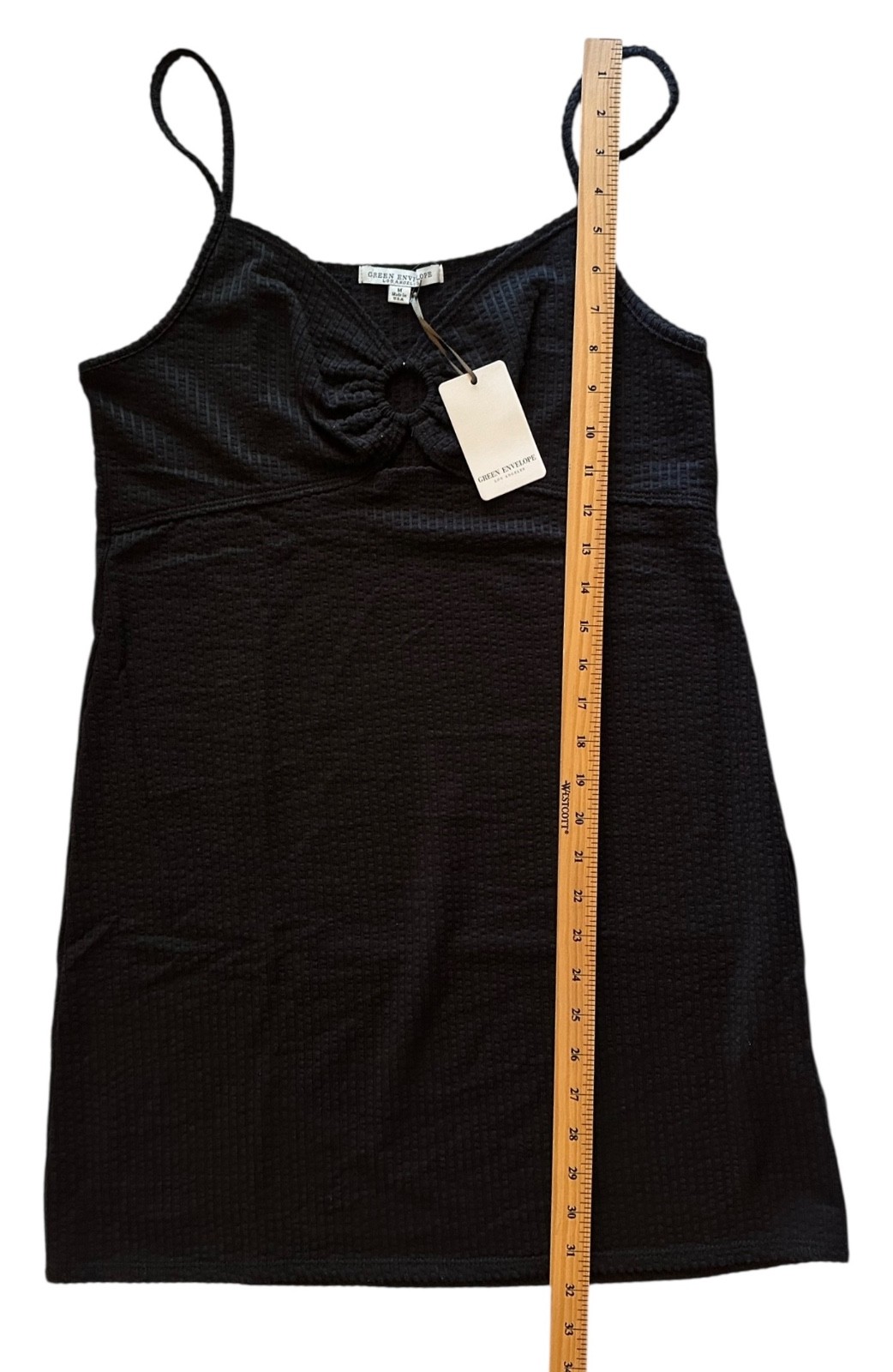 Green Envelope Women’s Ribbed Mini Dress Spaghetti Strap V-Neck Size M Black