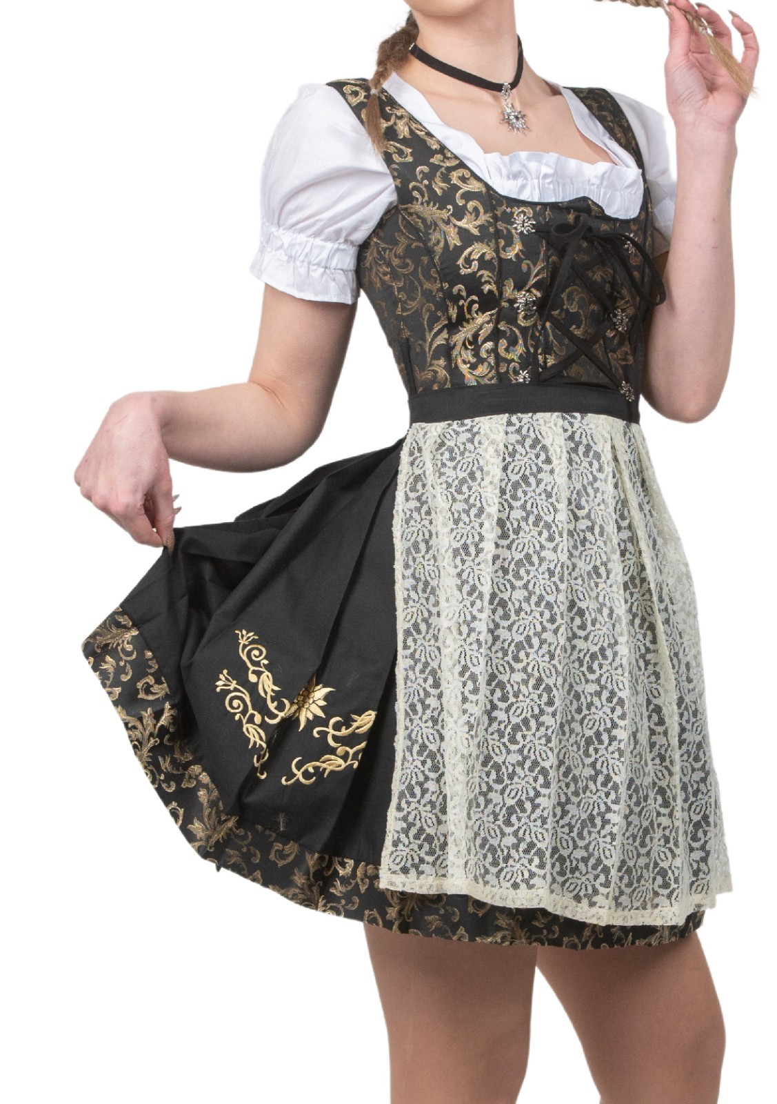 XL 18 German Dirndl Dress Short Black Oktoberfest EMBROIDERED + Top + Lace Apron
