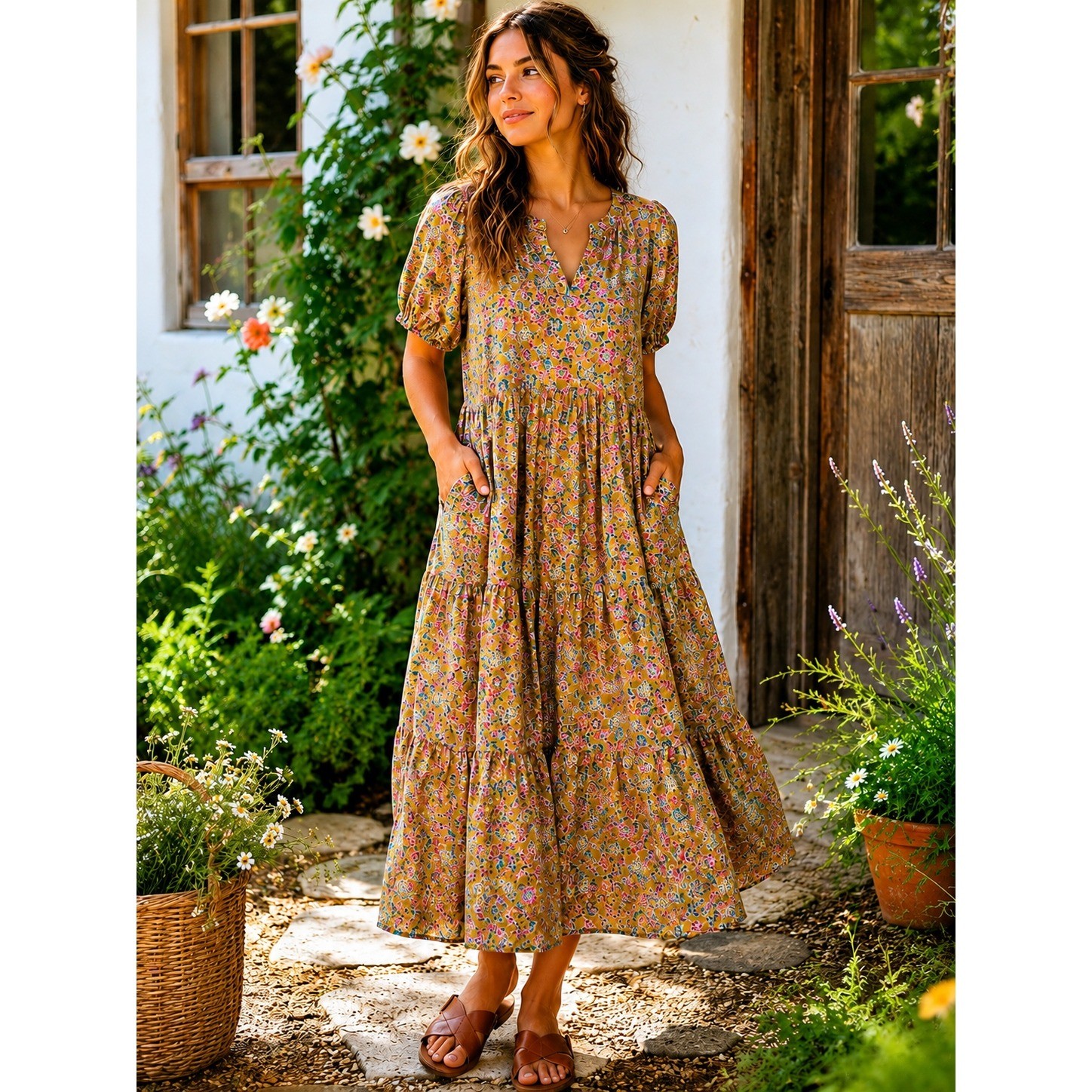 PINCH Floral Paisley Cotton Tiered Midi Dress Puff Sleeve Cottagecore Boho M