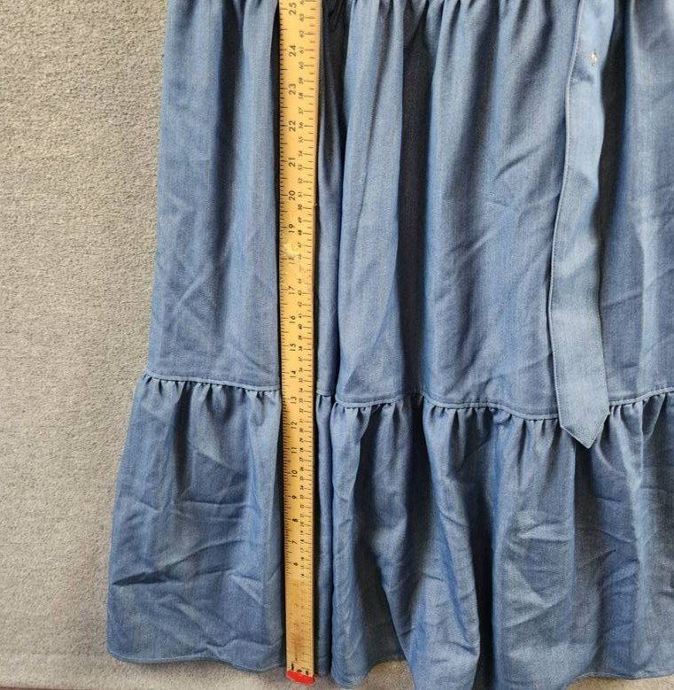 T Tahari Tiered Fit & Flare Halter Maxi Dress Womens M Denim Belted Button Strap