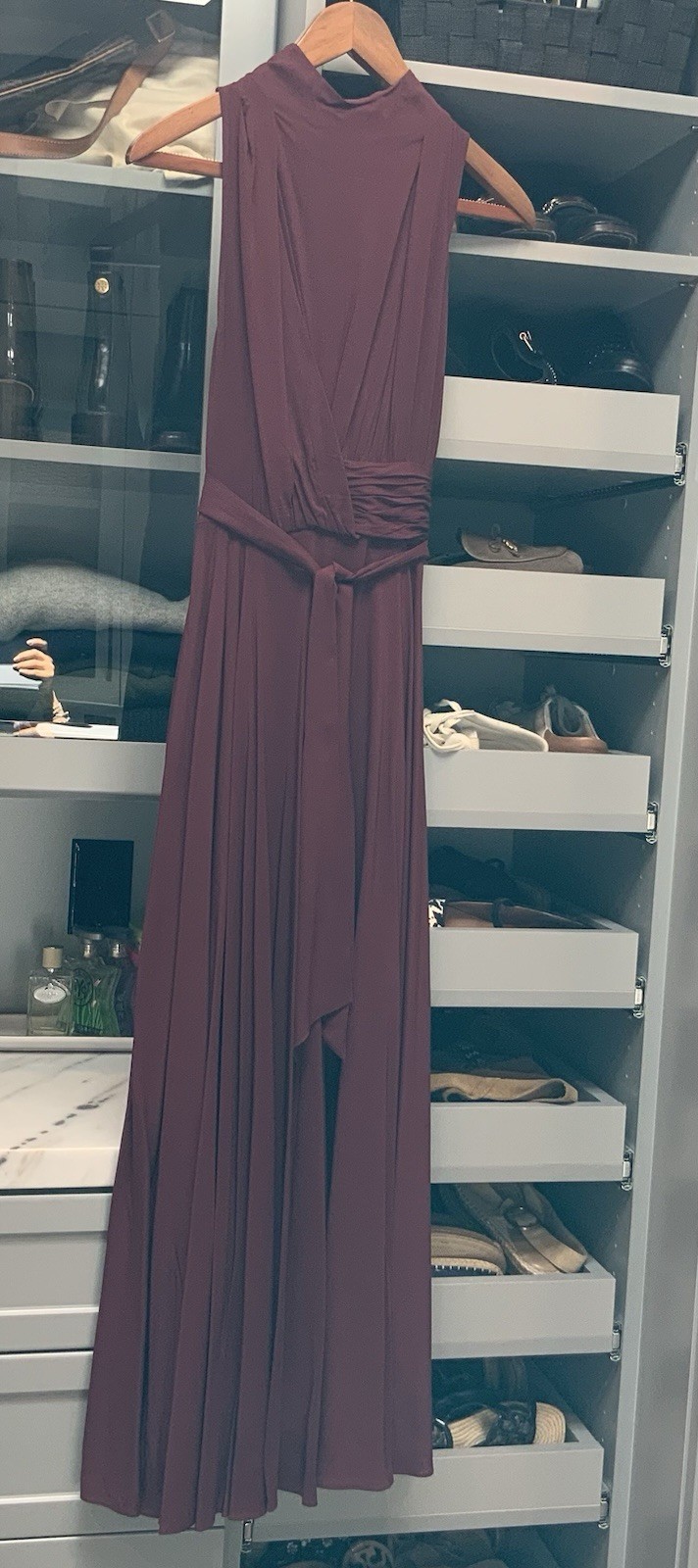 BR Womens Sleeveless Burgundy Long Ruched High Neck Solid Maxi Dress Zip Size 2