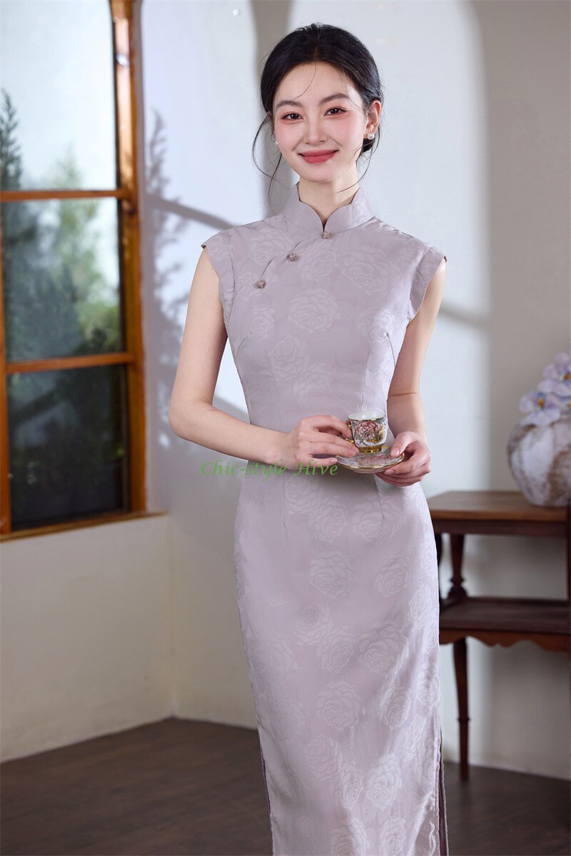 Summer Blue Jacquard Cheongsam Retro Long Style Young Slim Fit Qipao Dress