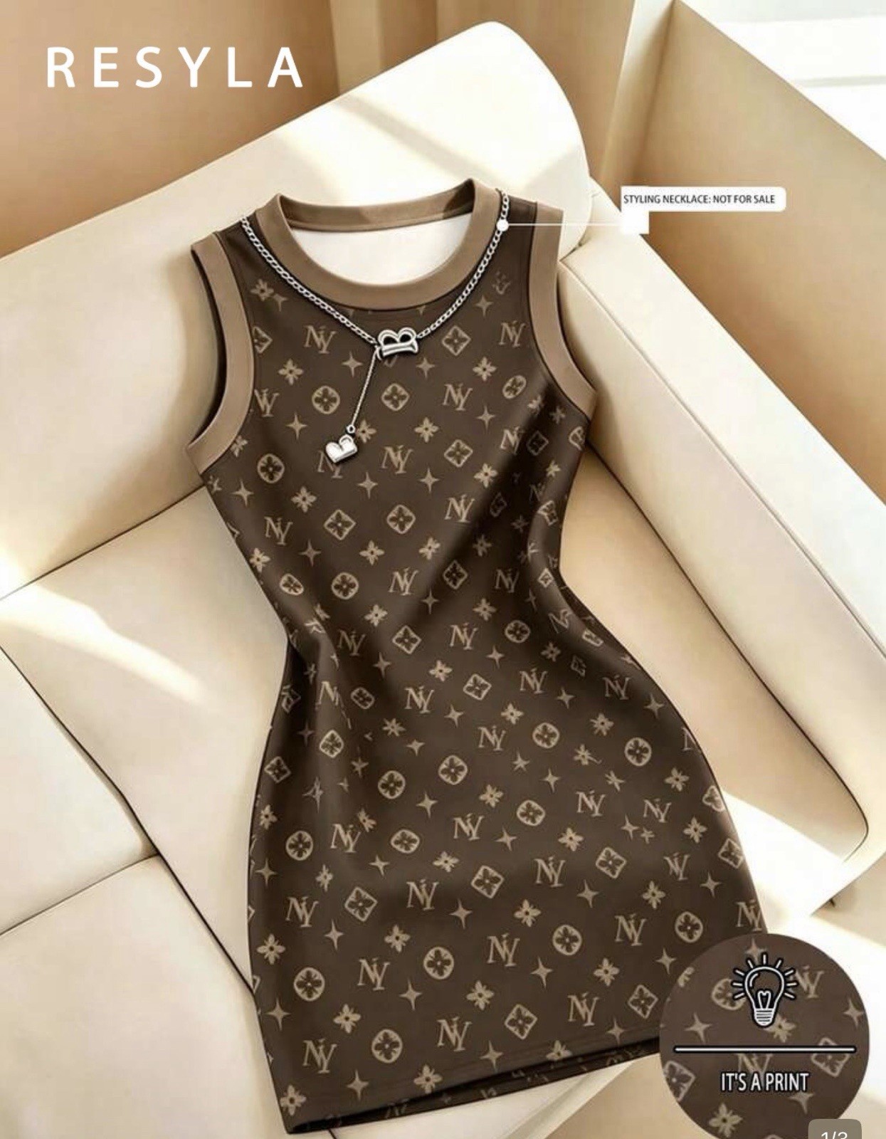 RESYLA Women’s Brown Monogram Sleeveless Crew Neck Bodycon Mini Dress