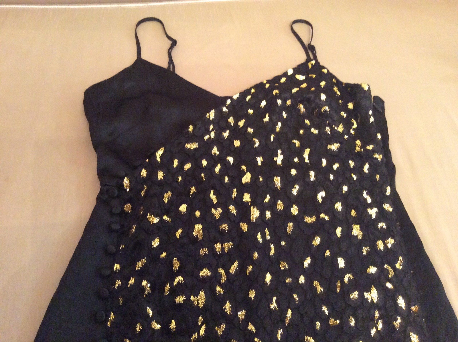 INTERMIX Ava Slip Velvet Black/Gold Leopard Print Midi Slip Dress with Slit Sz.0