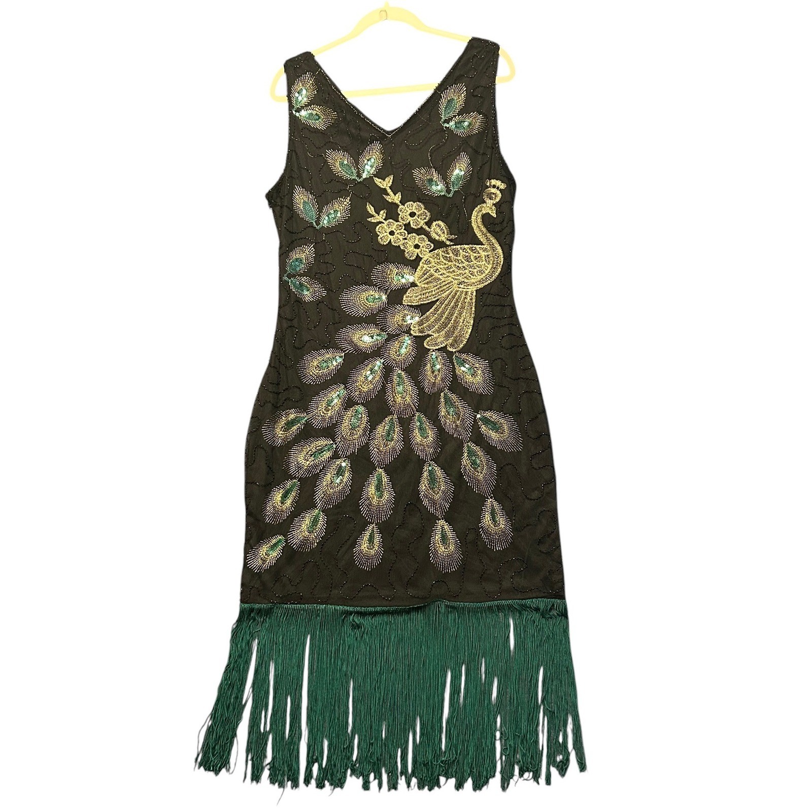 Vintage Style Peacock Beaded Flapper Dress Green Fringe Gatsby Party Costume