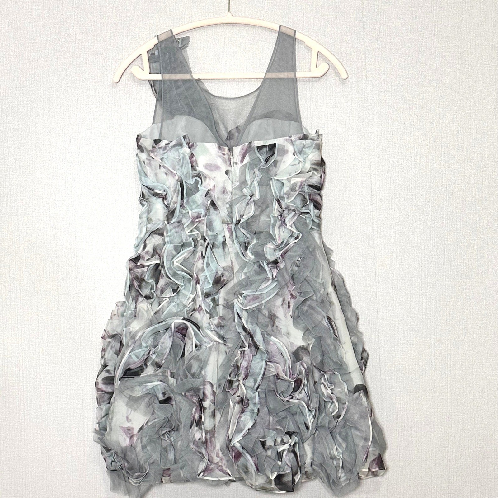 BCBGMAXAZRIA Eva Silk Ruffle Cocktail Mini Dress Agate Combo Grey Purple Size 2