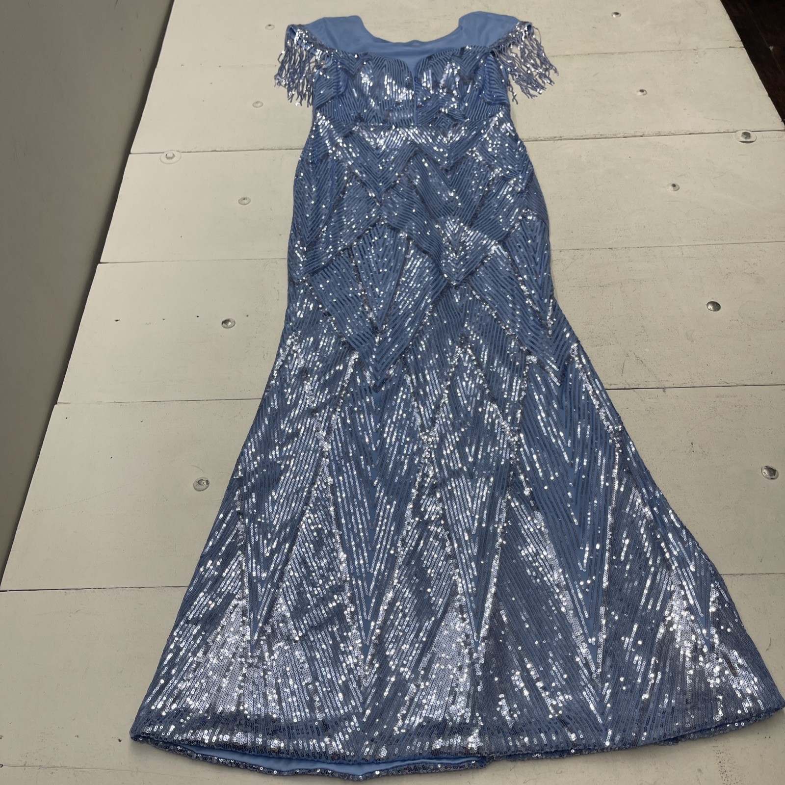 Unithorse Blue Sequin Fringe Sleeve Trim Mermaid Hem Formal Maxi Dress Women XL