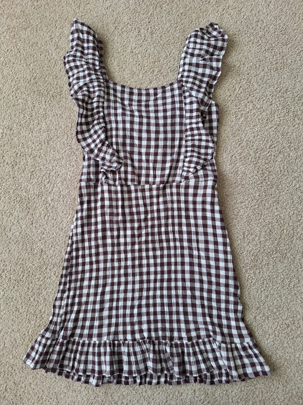 Topshop Brown Gingham Plaid Ruffled Apron Style Dress zipper in Side S US 4