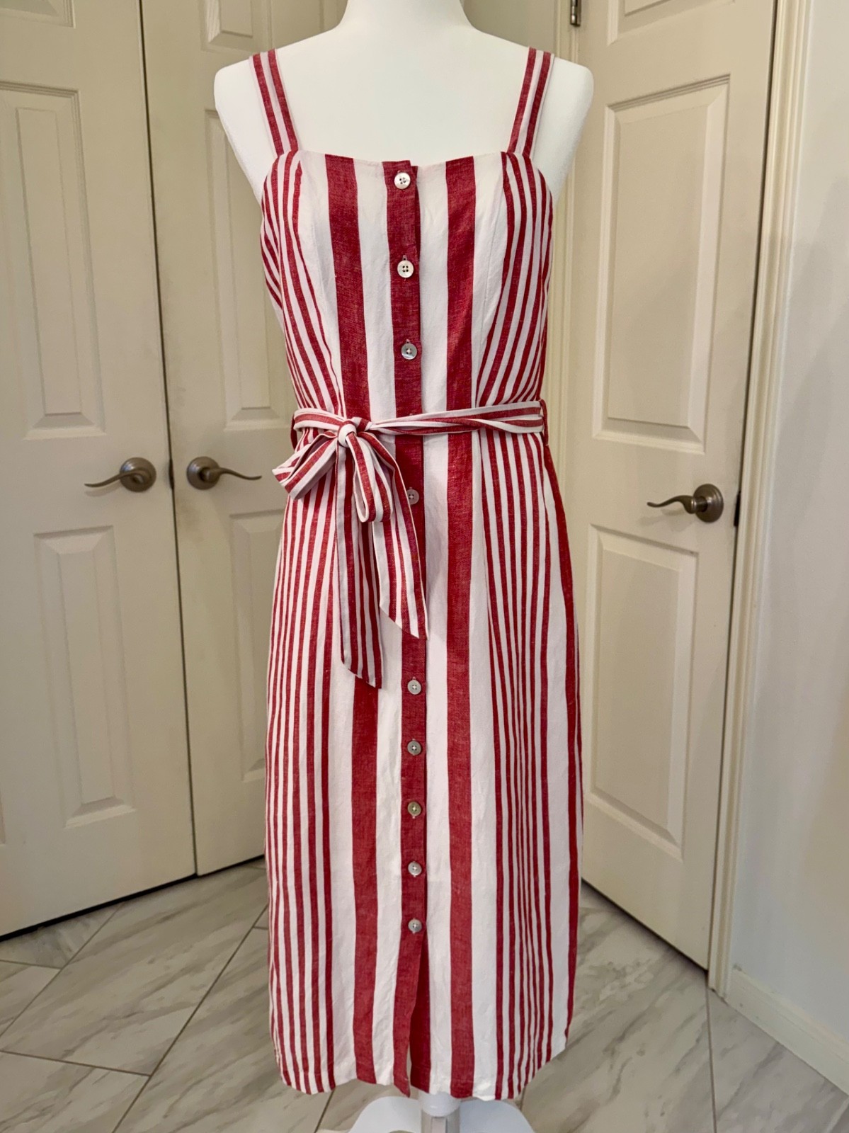 Rails Clement Dress M Medium Montreal Stripe Tie Waist Linen Rayon Blend Midi