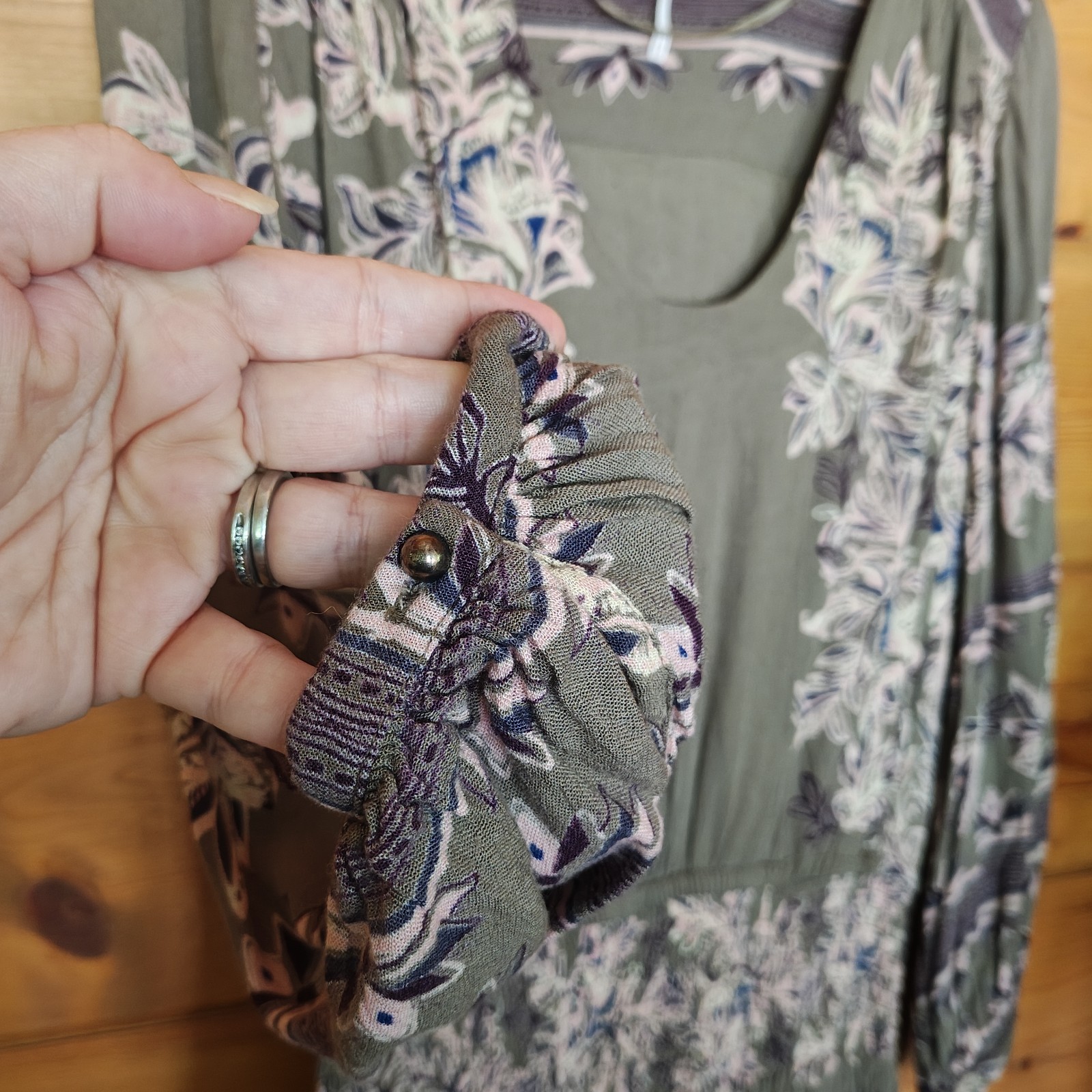 Free People Moonlight Drive Olive Mini Dress Floral Damask Boho Shirred Size XS
