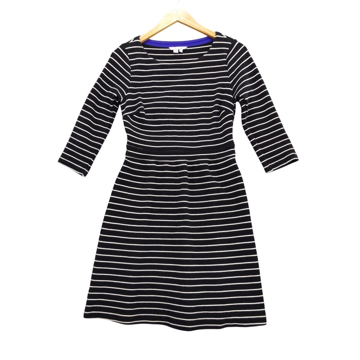 Boden Black White Stripe 3/4 Sleeve Fit Flare Dress US 8R