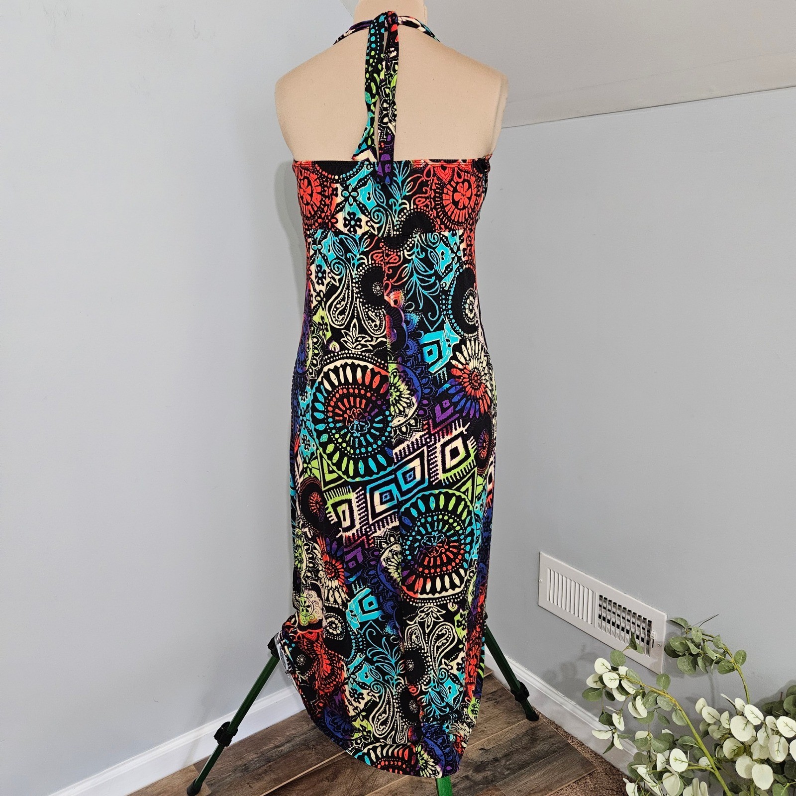 Allison Brittney Multicolor Mandala Halter Maxi Dress Wood Ring Detail Boho