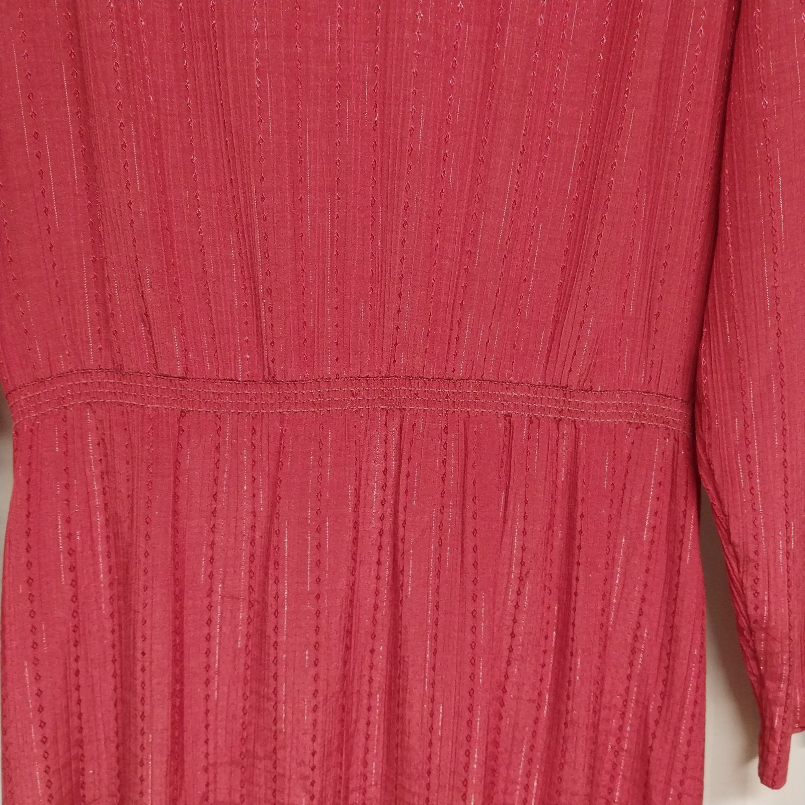 Vintage 1980s Red Plum Stripe Embroidered Midi Secretary Dress V Neck Size Small