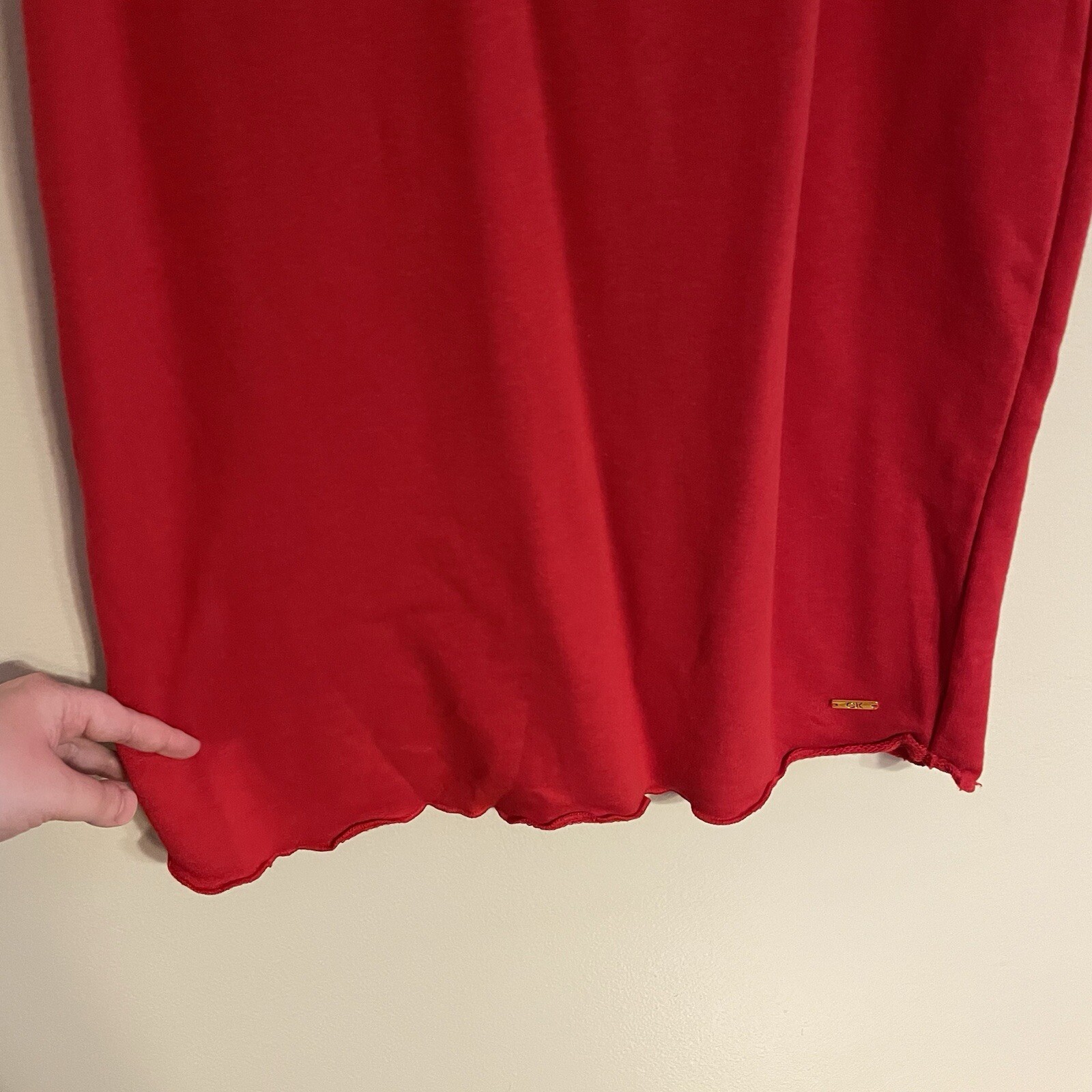 Calvin Klein Women S Red w/Black & Gold Trim Raw Edge Short Sleeve & Hem Dress