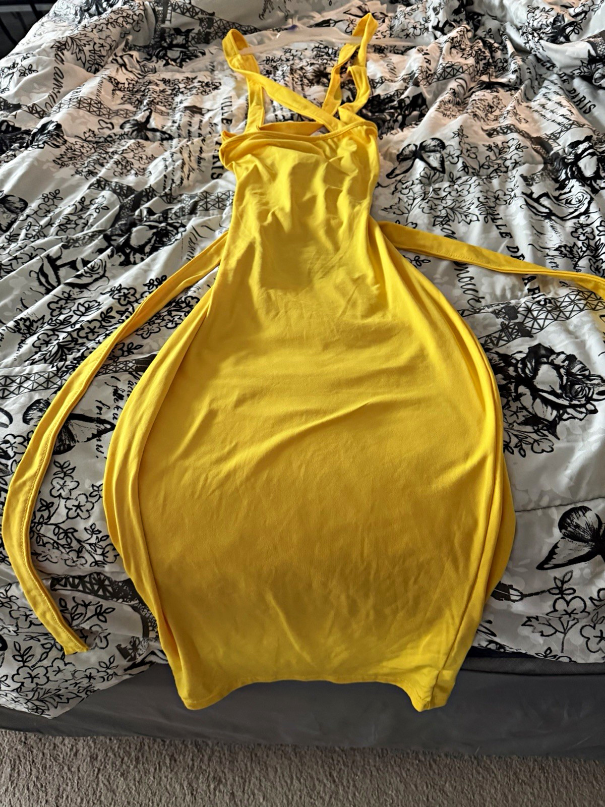 Sheen Yellow Bodycon Knee-Length Dress S Sleeveless Square Neck Backless