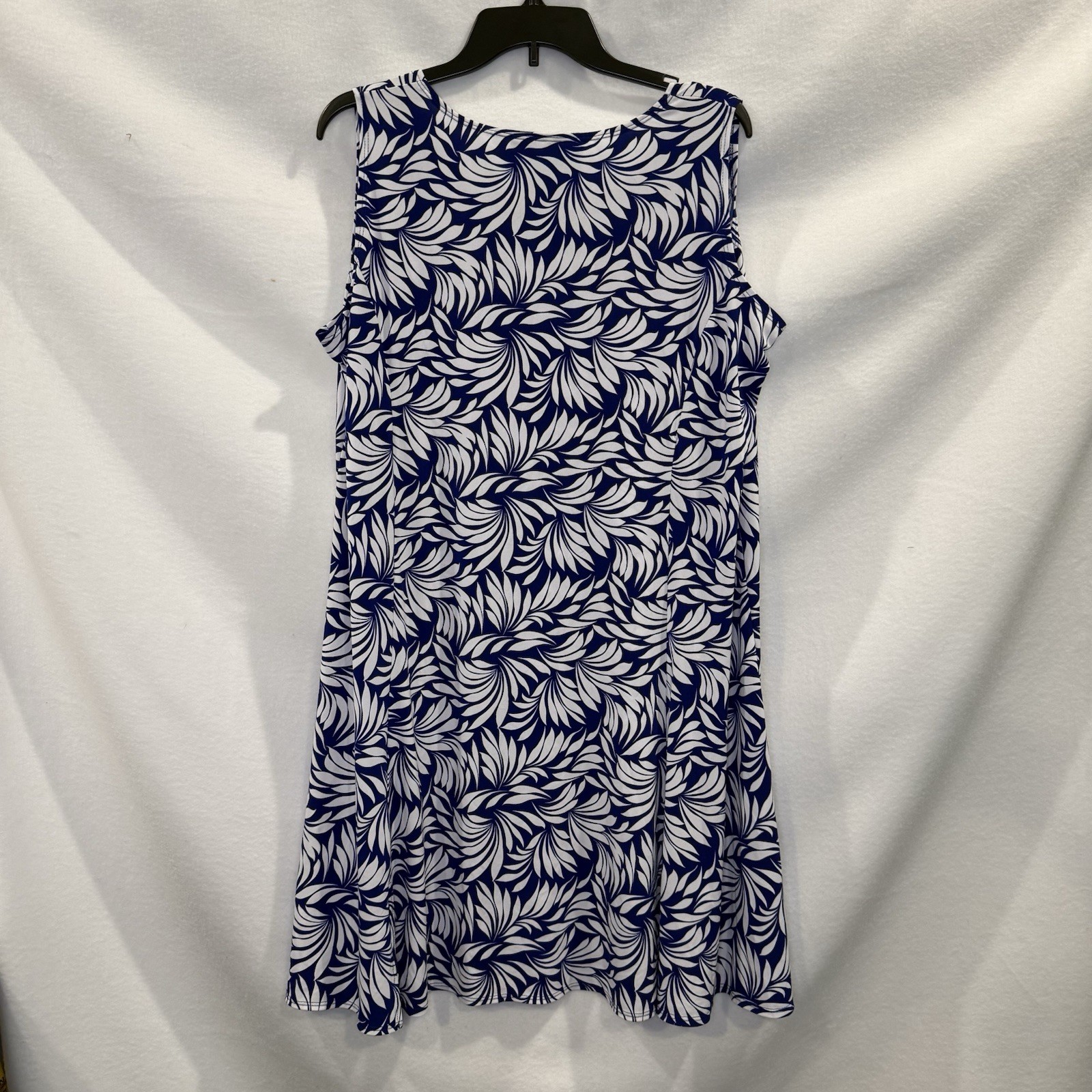 Susan Graver Blue White Tropical Palm Leaf Print Sleeveless Midi Dress 1X