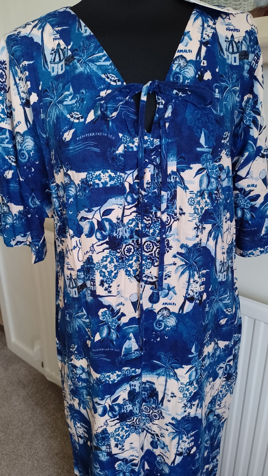 BNWT NEXT LONG LINEN BLEND MEDITERRANEAN PRINT LONG DRESS – MED -12/14.