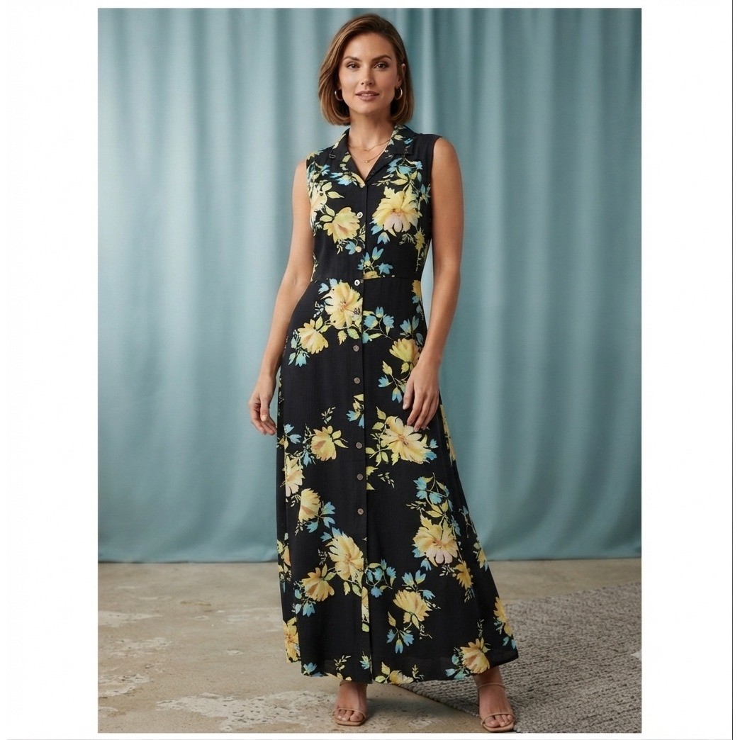 Original Island Sports Floral Sleeveless Button Down Maxi Dress Size 14 Rayon