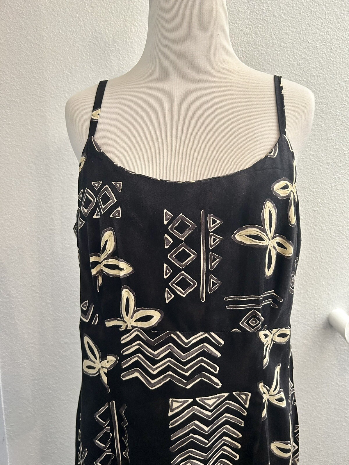 BLACK TAN SPAGHETTI STRAP HAWAIIAN MUUMUU HULA DRESS SIZE L