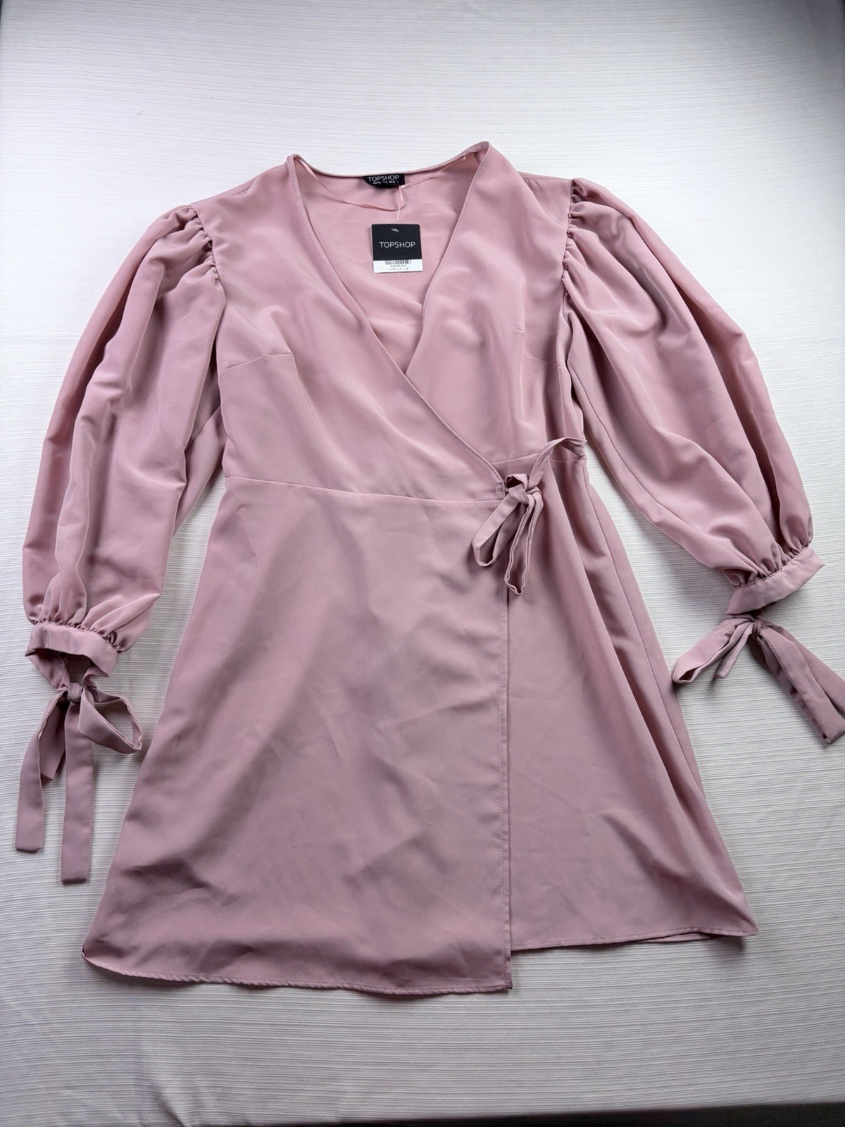 Topshop Pink Wrap Dress V-Neck Puff Long Sleeves Tie Waist Short US 8