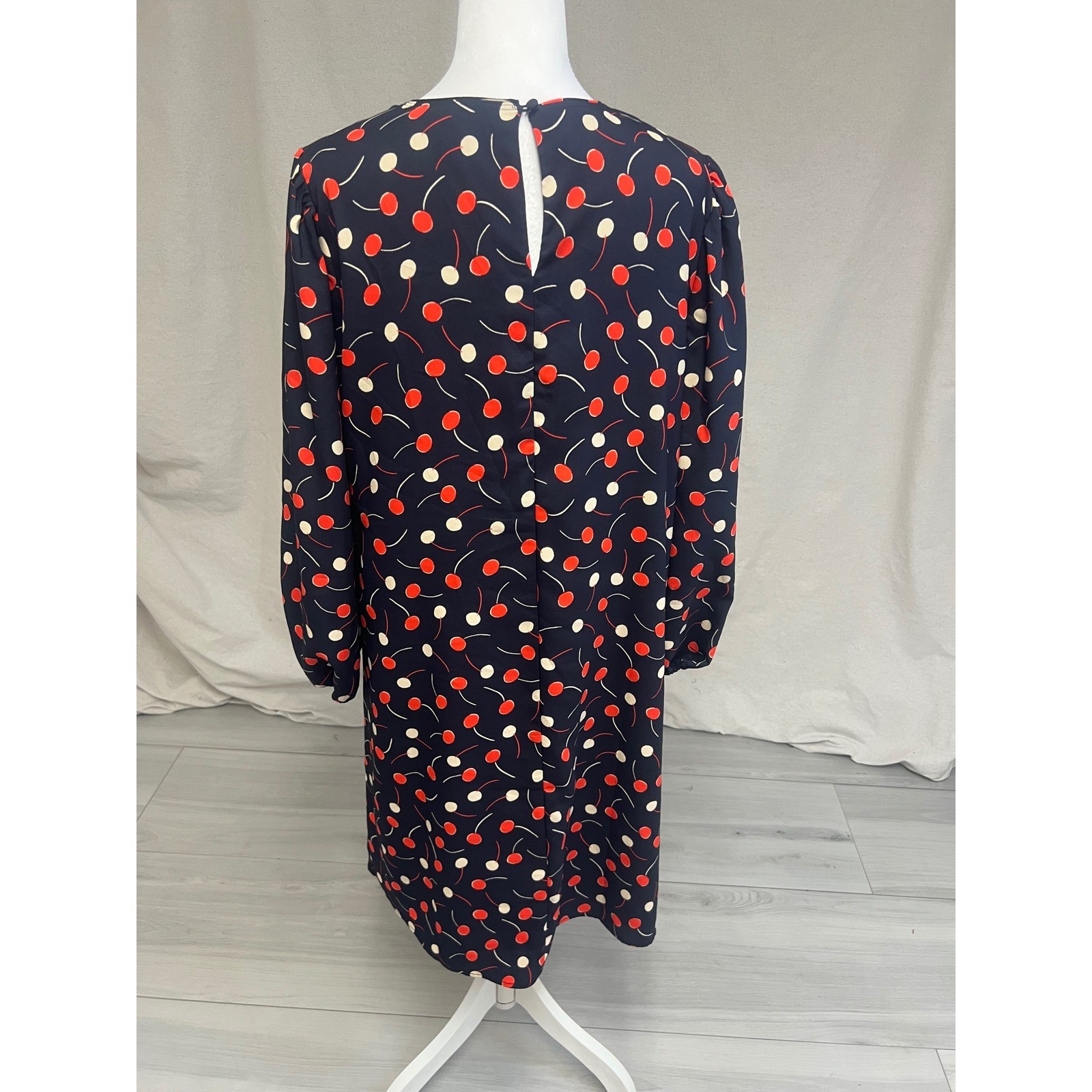 Retro Ann Taylor Cherry Dress Shift Long Sleeve Navy Red Sz L Office Academia