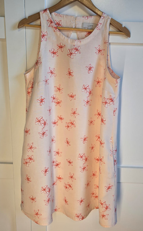 LOFT Womens M Linen Blend Shift Dress Pink Coral Hawaiian Floral Pockets