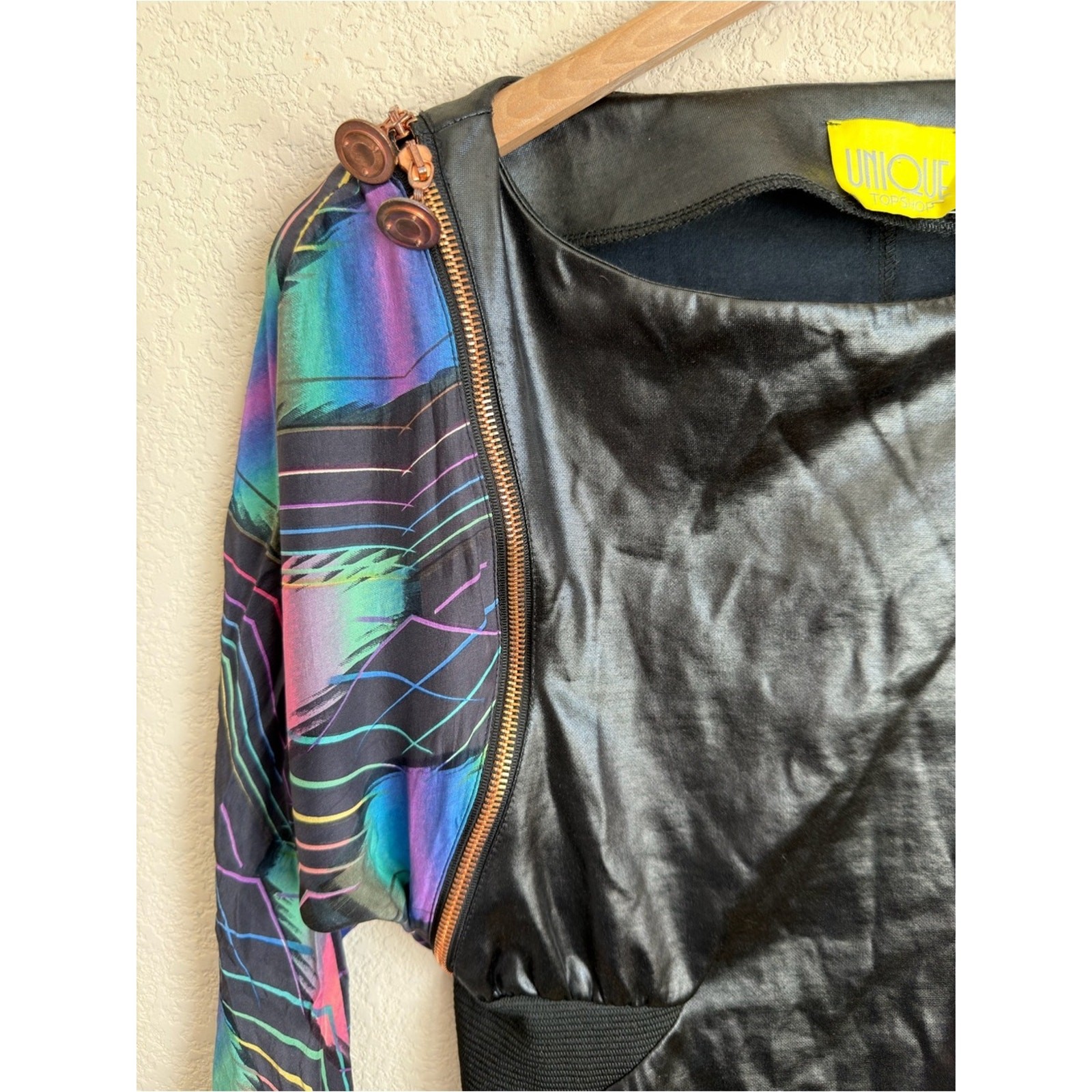 Topshop Unique Faux Leather Silk Sleeve Mini Dress UK 6 US 2 Zip Goth Punk Flaws