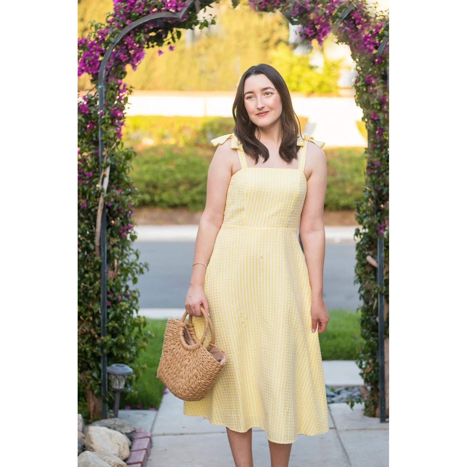 Draper James RSVP Midi Dress Womens S Butter Yellow Gingham Tie Shoulder Smocked