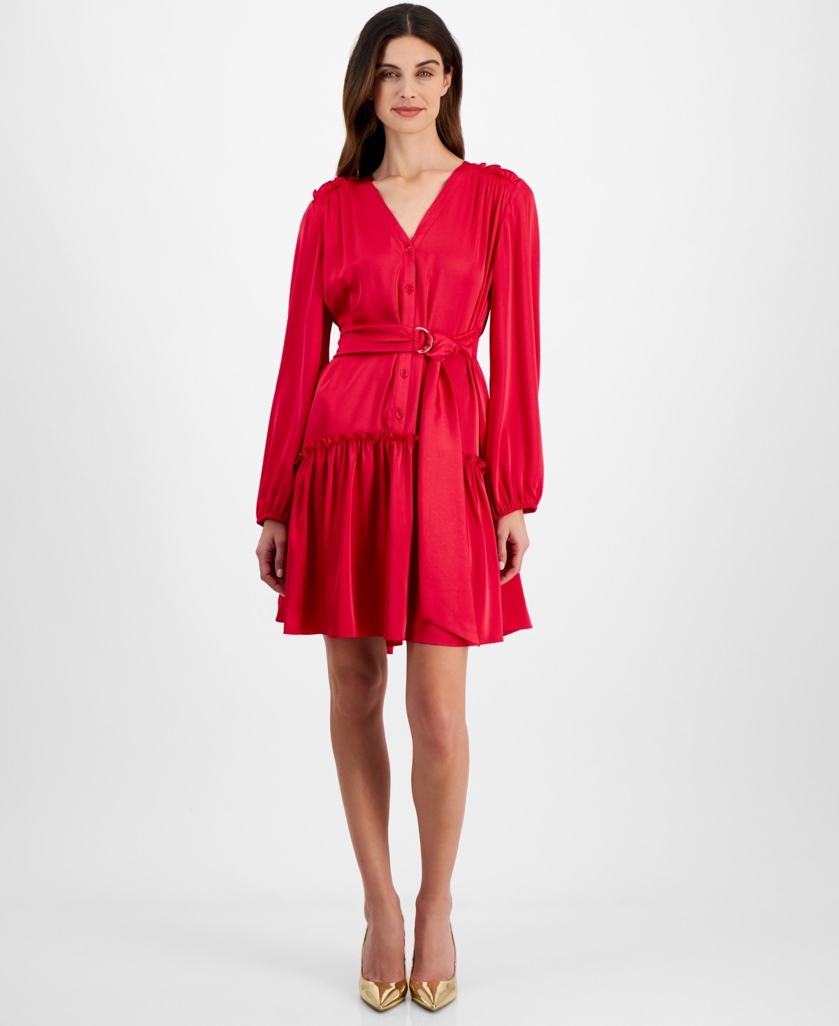 Taylor Ruffled-Hem Tie-Waist Fit & Flare Dress Women 12 Bright Rose Front Button