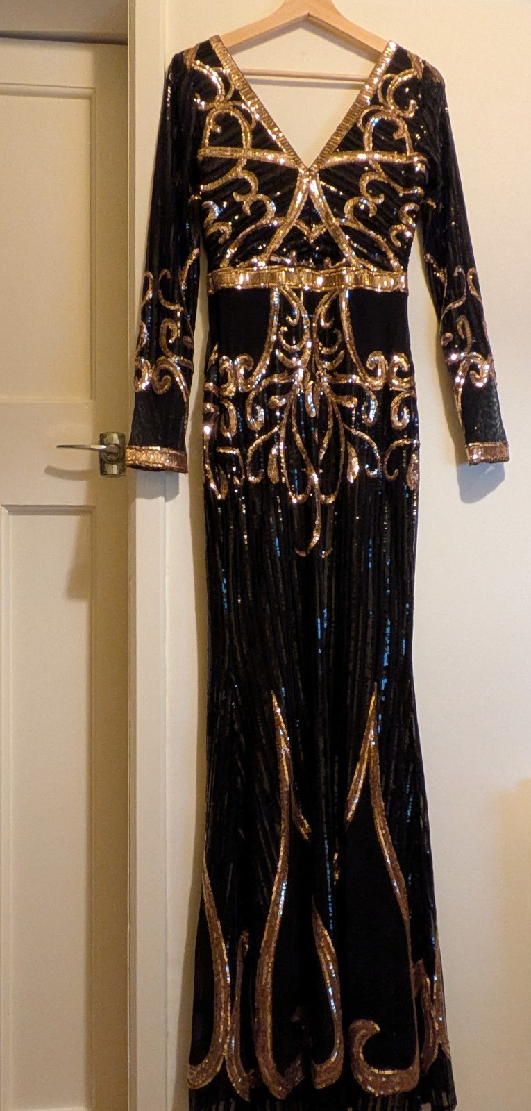 Goddiva Black Gold Sequin Maxi Fishtail Dress Flapper Gatsby 20’s Style UK 8