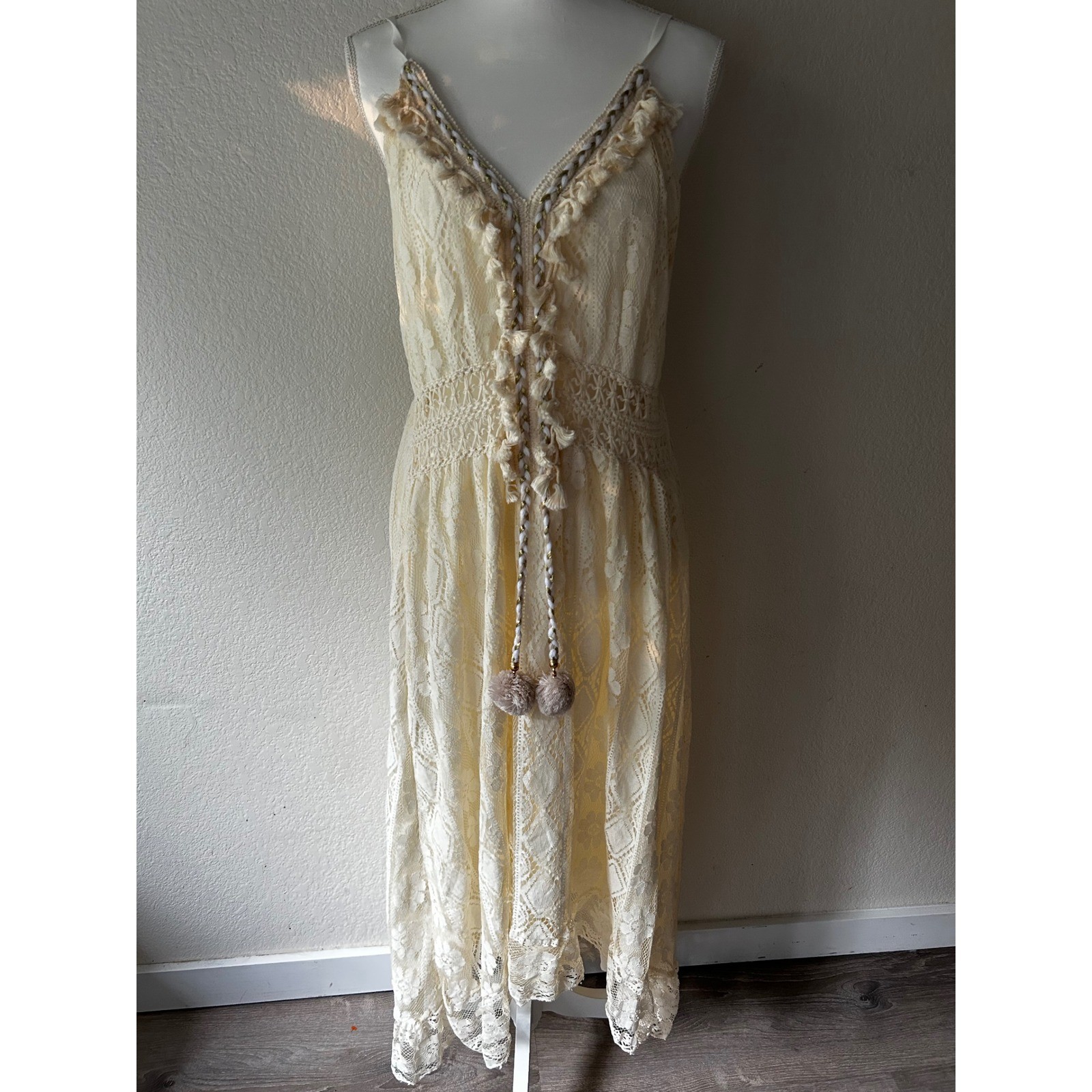 Boho Cream Floral Lace High Low Maxi Dress Tassel V-Neck Smocked Back Cream