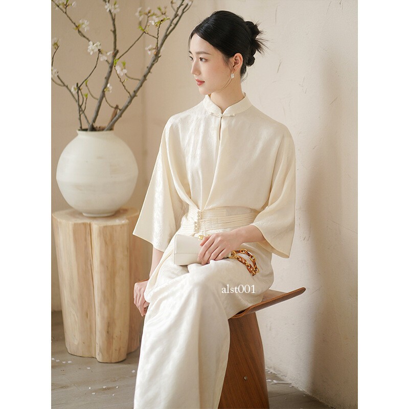 Retro Chinese Style Zen Design Womens Stand Collar 3/4 Sleeve Long Dresses Qipao