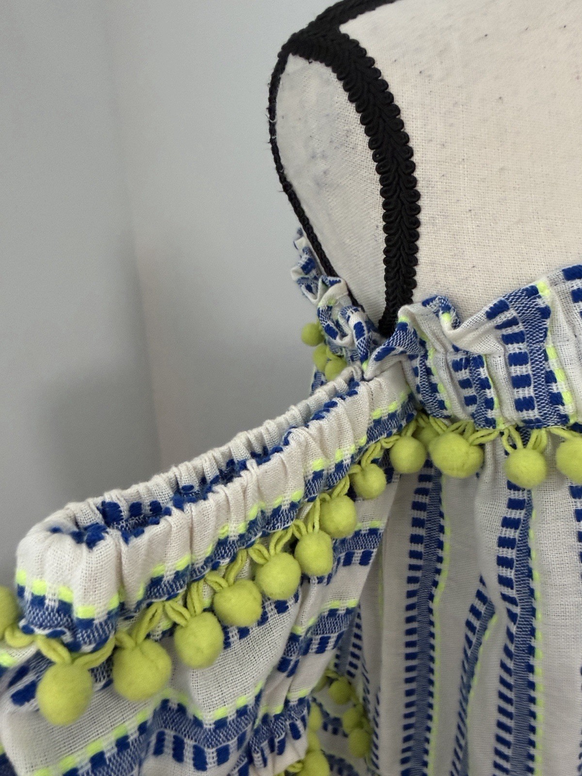 Anthropologie White Blue Green Striped Off Shoulder Pom-Pom Cotton Mini Dress S