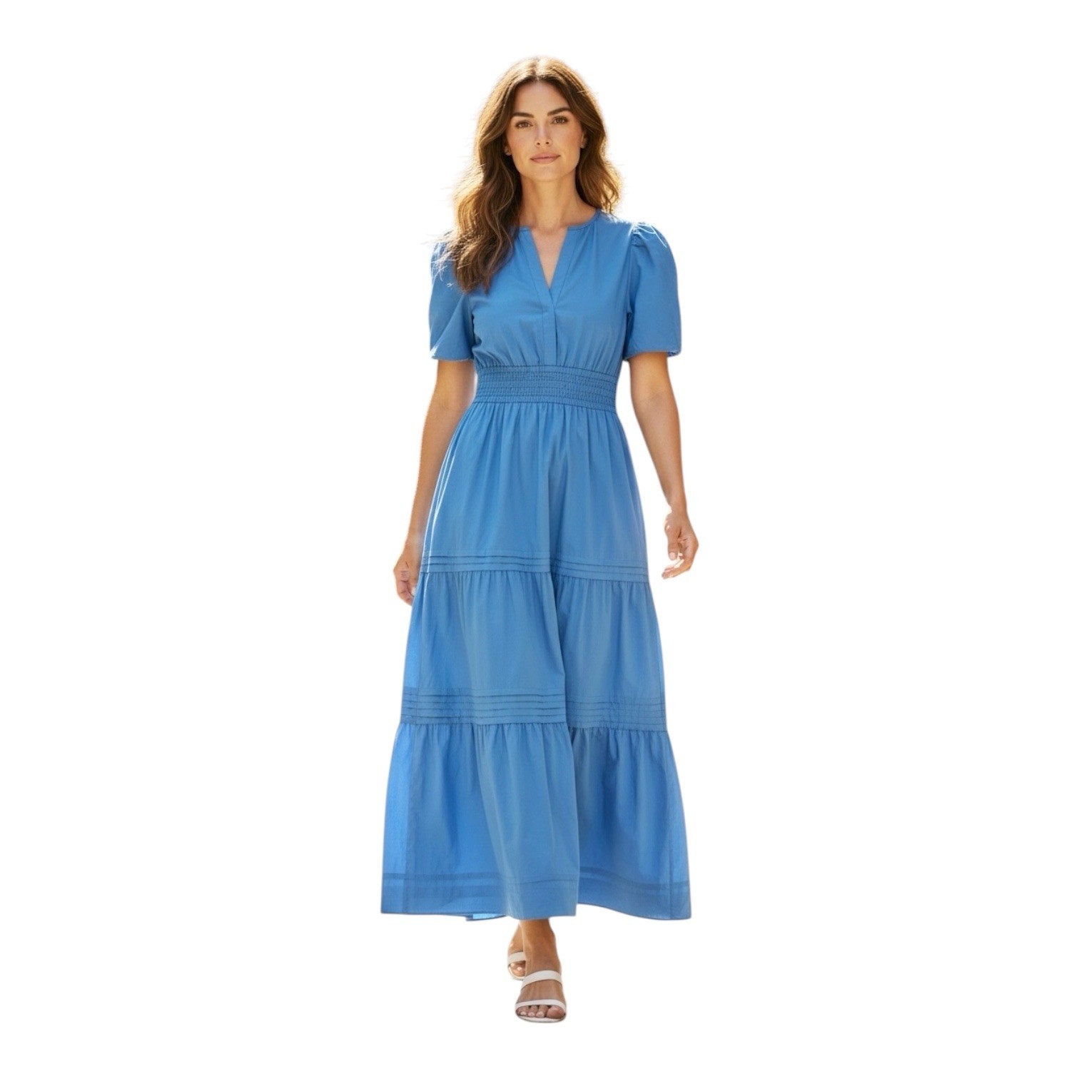 Quince Cotton Poplin Smocked Waist Tiered Maxi Dress Blue V-Neck Short Sleeve