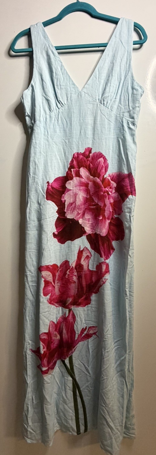 NWT Paper Heart Linen Blend Blue Pink Floral Maxi Sleeveless Dress Size M