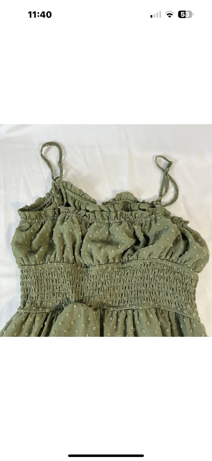 Francesca’s-Blue Rain Mini Dot Dress- Sz M OliveGreen Rouched Waist-Fit & Flare