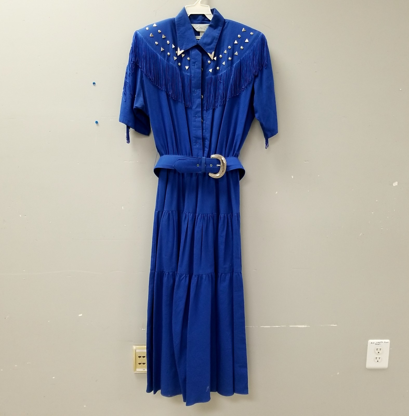 VTG 80s Lilia Guilty Blue Studded Fringe Western Belted Dress Women’s Sz 11/12