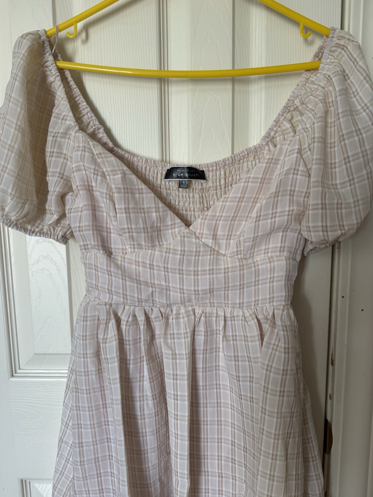 Blue Blush Beige White Plaid Puff Sleeve Smocked Short Sundress Sweetheart S