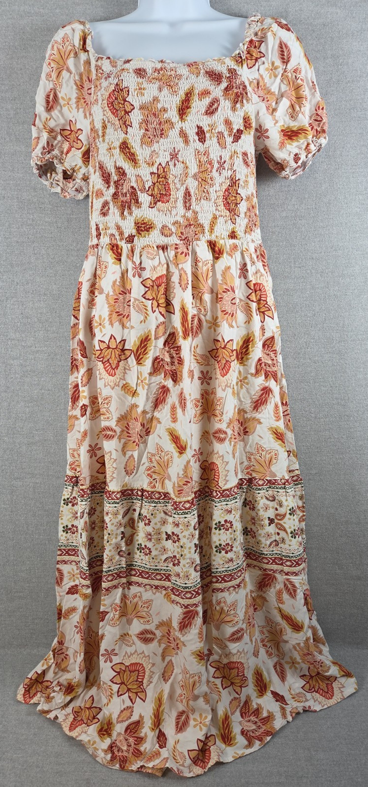 Zesica L Peasant Maxi Dress rust flowers smocked short puff sleeve Long Boho