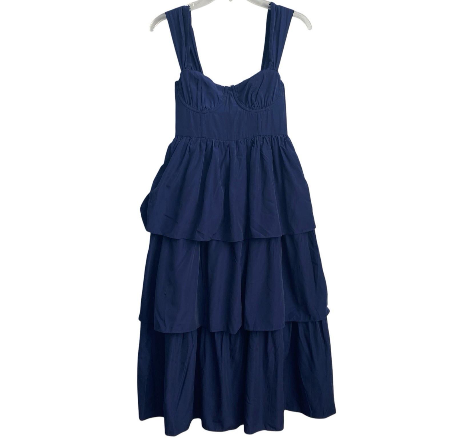 WeWoreWhat Revolve NWT Corset Tiered Poplin Midi Dress Navy Blue Retro Size 0