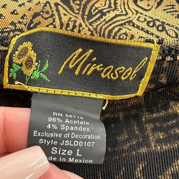 Vintage Marisol Midi Dress Large 96% Acetate 4% Spandex Tan & Black Low V-Neck.